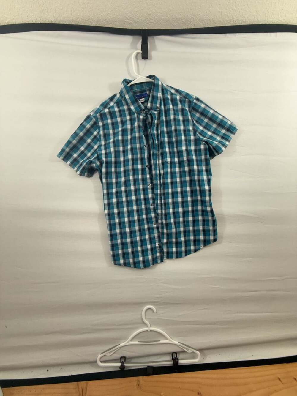 Simply Styled Plaid Short Sleeve Button Down Shirt Size L Blue